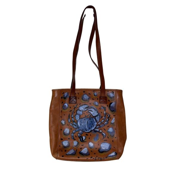 Nine West Leather Shoulder Bag Purse Hand Painted Blue Crab Coastal Marine Beach - Picture 1 of 16